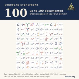 European Storefront 100: up to 100 documented product pages on your own domain. Each tile is a real substance record from the MolGod catalogue.