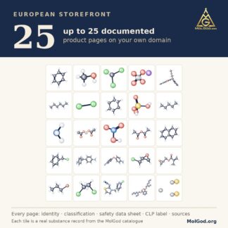 European Storefront 25: up to 25 documented product pages on your own domain. Each tile is a real substance record from the MolGod catalogue.