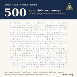European Storefront 500: up to 500 documented product pages on your own domain. Each tile is a real substance record from the MolGod catalogue.