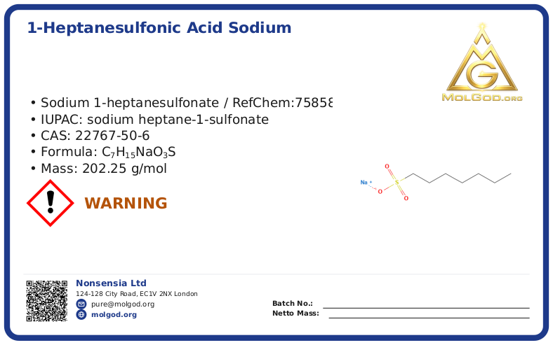 1-Heptanesulfonic acid sodium (CAS 22767-50-6), CAS 22767-50-6 — chemical product label