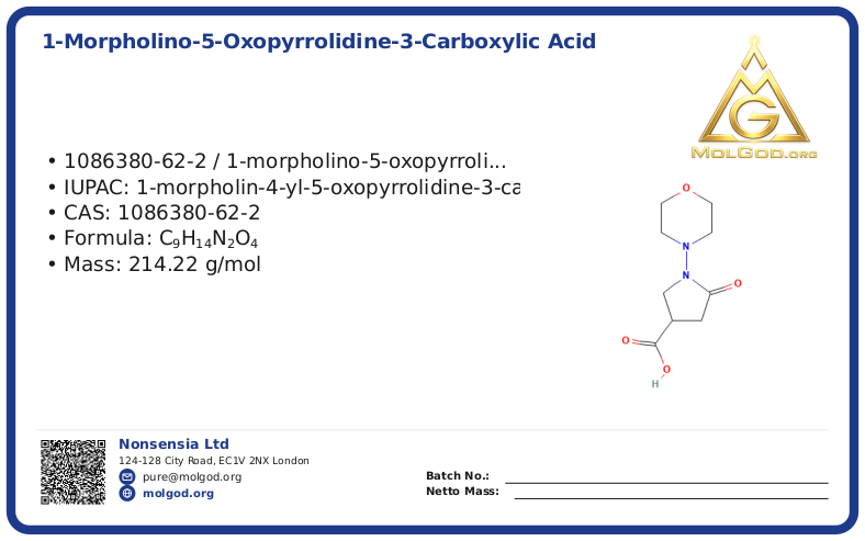 1-Morpholino-5-oxopyrrolidine-3-carboxylic acid (CAS 1086380-62-2), CAS 1086380-62-2 — chemical product label