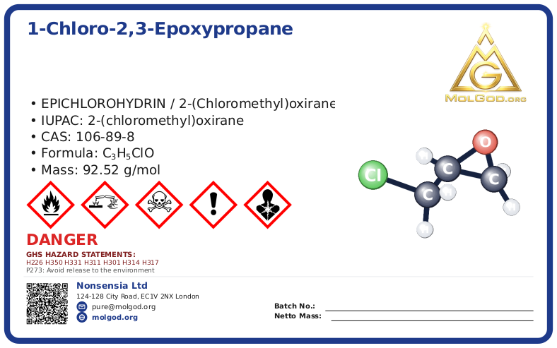 1-chloro-2, 3-epoxypropane; Epichlorohydrin (CAS 106-89-8), CAS 106-89-8 — chemical product label