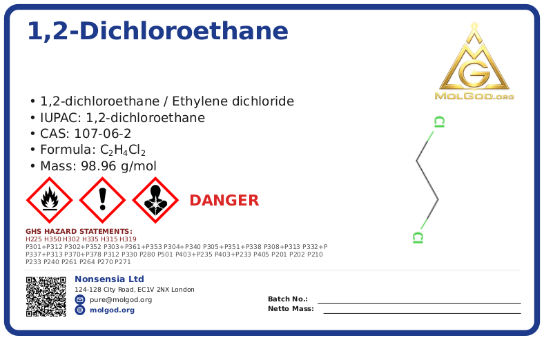 1,2-dichloroethane (CAS 107-06-2) — Safety Data Sheet, CAS 107-06-2 — chemical product label