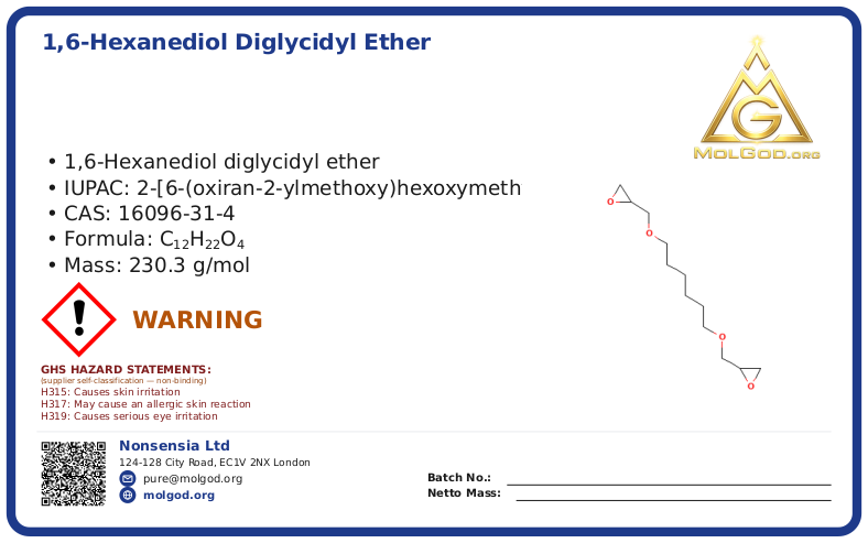 1,6-Hexanediol Diglycidyl Ether HW (CAS 16096-31-4), CAS 16096-31-4 — chemical product label