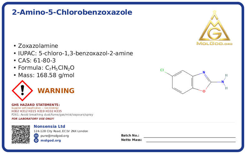 2-AMINO-5-CHLOROBENZOXAZOLE (CAS 61-80-3), CAS 61-80-3 — chemical product label