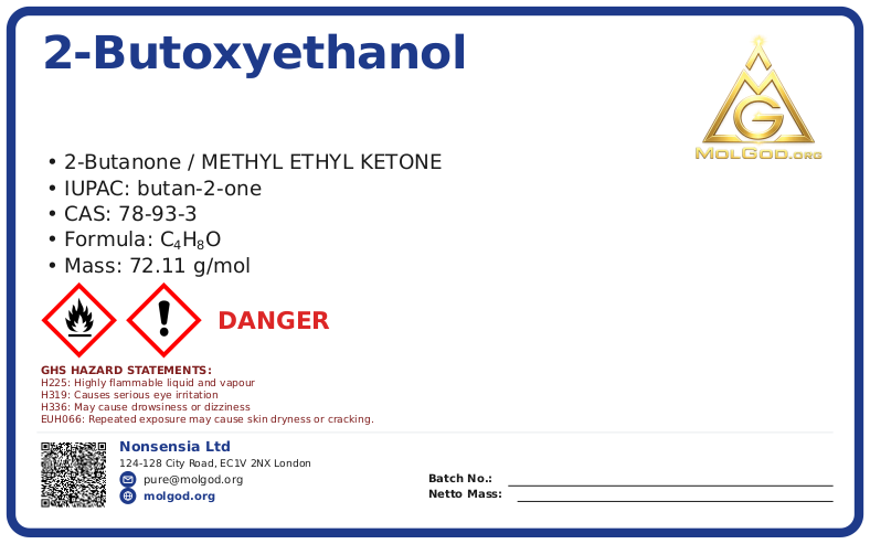 丁酮
CAS 号: 78-93 (CAS 78-93-3), CAS 78-93-3 — chemical product label