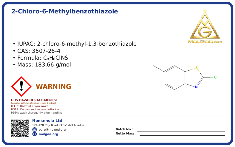 2-CHLORO-6-METHYLBENZOTHIAZOLE (CAS 3507-26-4), CAS 3507-26-4 — chemical product label