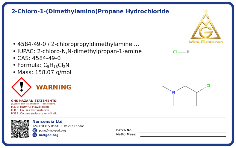 2-Chloro-1-(dimethylamino)propane Hydrochloride (CAS 4584-49-0), CAS 4584-49-0 — chemical product label