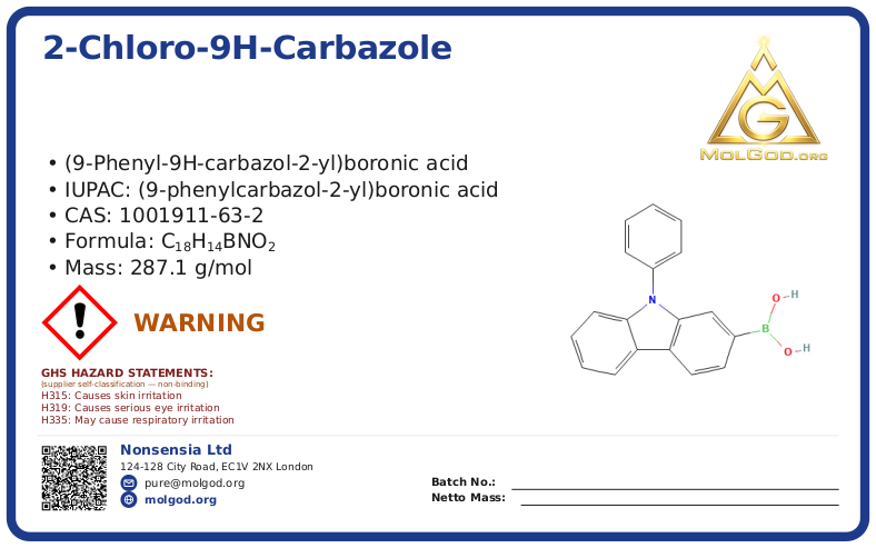 2-Chloro-9H-carbazole (CAS 1001911-63-2), CAS 1001911-63-2 — chemical product label
