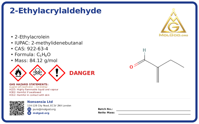 2-Ethylacrylaldehyde (CAS 922-63-4), CAS 922-63-4 — chemical product label