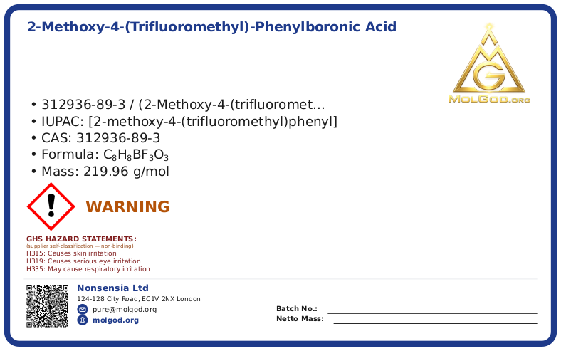 2-METHOXY-4-(TRIFLUOROMETHYL)-PHENYLBORONIC ACID (CAS 312936-89-3), CAS 312936-89-3 — chemical product label