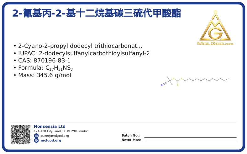 2-Cyano-2-propyl dodecyl trithiocarbonate (CAS 870196-83-1), CAS 870196-83-1 — chemical product label