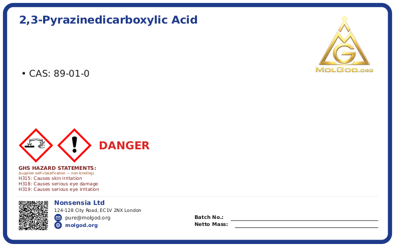 2,3-Pyrazinedicarboxylic acid (CAS 89-01-0), CAS 89-01-0 — chemical product label