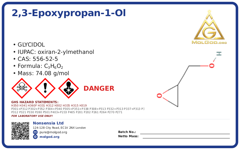 2,3-epoxypropan-1-ol (CAS 556-52-5) — Safety Data Sheet, CAS 556-52-5 — chemical product label