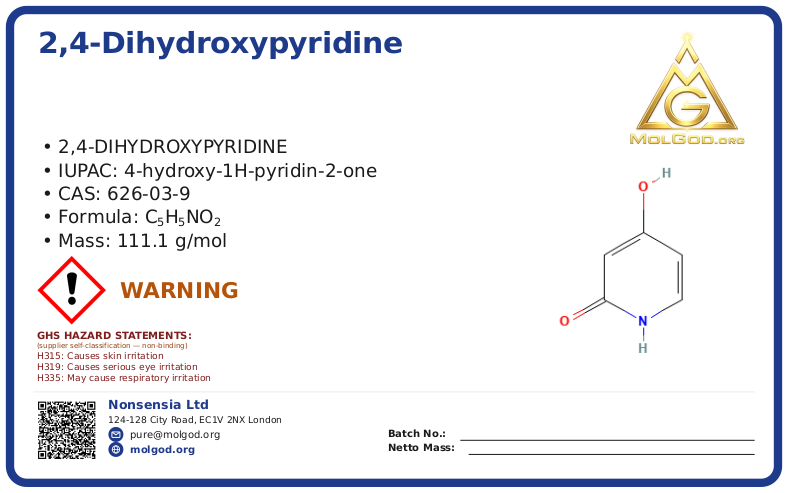2,4-Dihydroxypyridine (CAS 626-03-9), CAS 626-03-9 — chemical product label