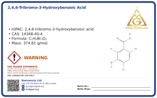 2,4,6-Tribromo-3-hydroxybenzoic acid (TBHBA) (CAS 14348-40-4), CAS 14348-40-4 — chemical product label