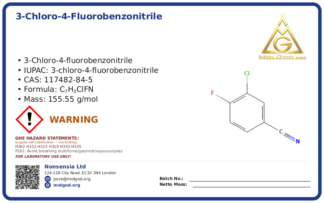 3-Chloro-4-fluorobenzonitrile (CAS 117482-84-5), CAS 117482-84-5 — chemical product label