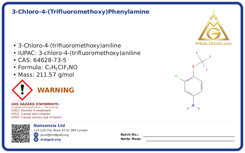 3-Chloro-4-(trifluoromethoxy)phenylamine (CAS 64628-73-5), CAS 64628-73-5 — chemical product label