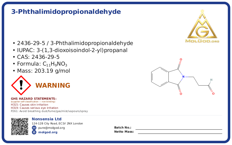 3-Phthalimidopropionaldehyde (3-PPA) (CAS 2436-29-5), CAS 2436-29-5 — chemical product label