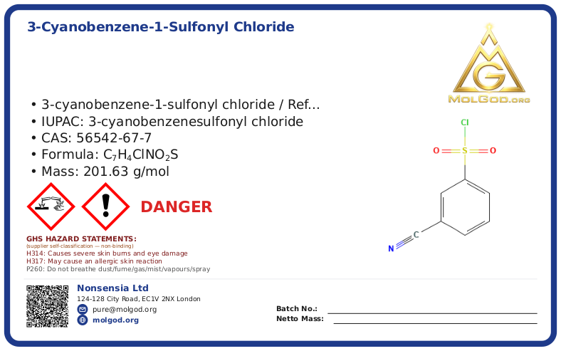 3-cyanobenzene-1-sulfonyl chloride (CAS 56542-67-7), CAS 56542-67-7 — chemical product label