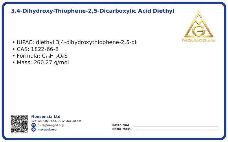 3,4-DIHYDROXY-THIOPHENE-2,5-DICARBOXYLIC ACID DIETHYL ESTER (CAS 1822-66-8), CAS 1822-66-8 — chemical product label