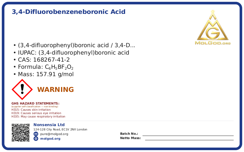 3,4-二氟苯硼酸 (CAS 168267-41-2), CAS 168267-41-2 — chemical product label