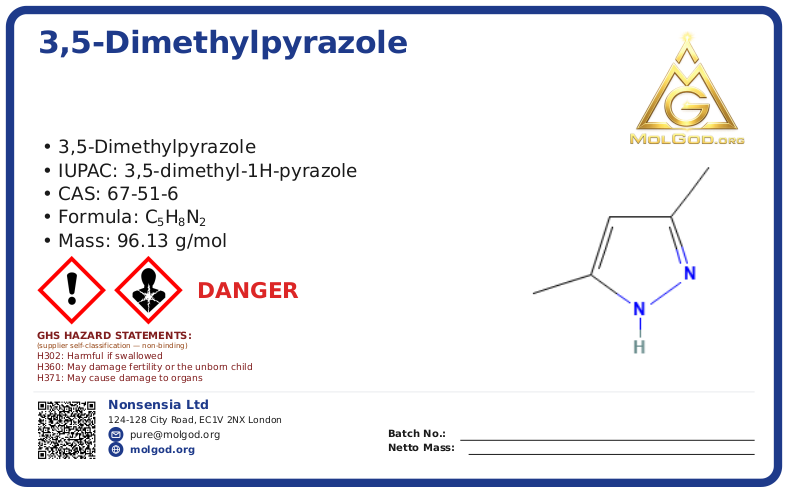 3,5-Dimethylpyrazole (CAS 67-51-6), CAS 67-51-6 — chemical product label