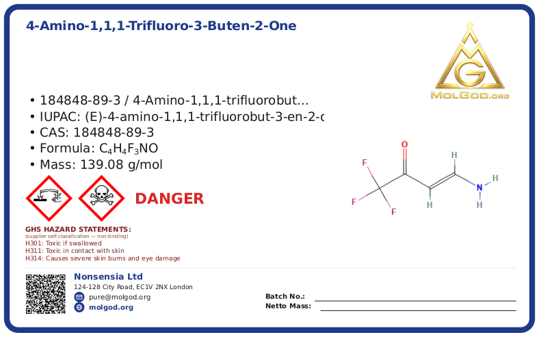 4-Amino-1,1,1-trifluoro-3-buten-2-one (CAS 184848-89-3), CAS 184848-89-3 — chemical product label