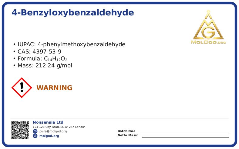 4-Benzyloxybenzaldehyde (CAS 4397-53-9), CAS 4397-53-9 — chemical product label