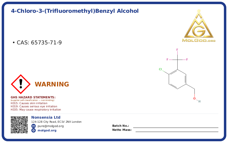 4-Chloro-3-(trifluoromethyl)benzyl alcohol (CAS 65735-71-9), CAS 65735-71-9 — chemical product label
