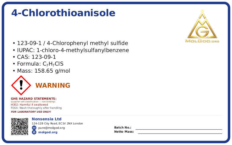 4-Chlorothioanisole (CAS 123-09-1), CAS 123-09-1 — chemical product label