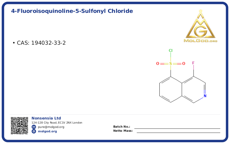 4-Fluoroisoquinoline-5-sulfonyl chloride (CAS 194032-33-2), CAS 194032-33-2 — chemical product label