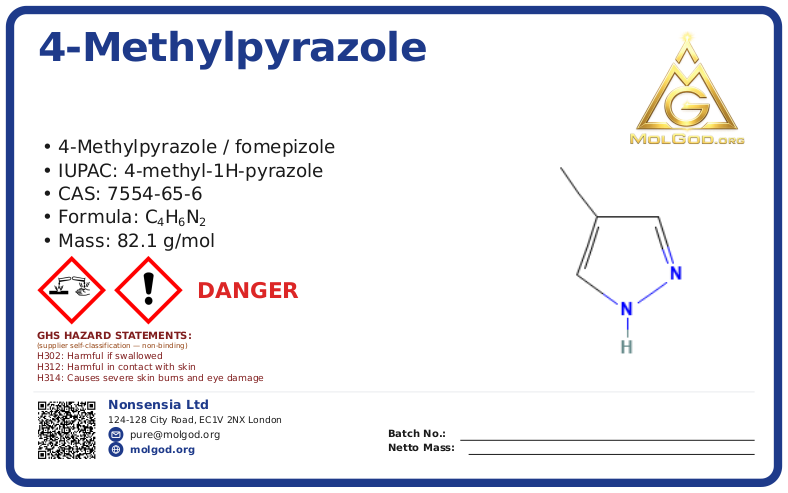 4-Methylpyrazole (CAS 7554-65-6), CAS 7554-65-6 — chemical product label