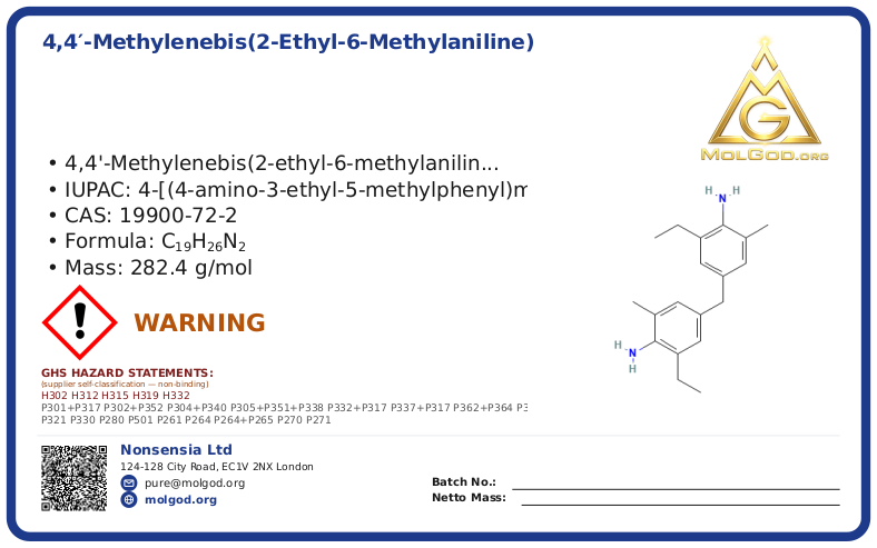 4,4′-Methylenebis(2-ethyl-6-methylaniline) (CAS 19900-72-2), CAS 19900-72-2 — chemical product label