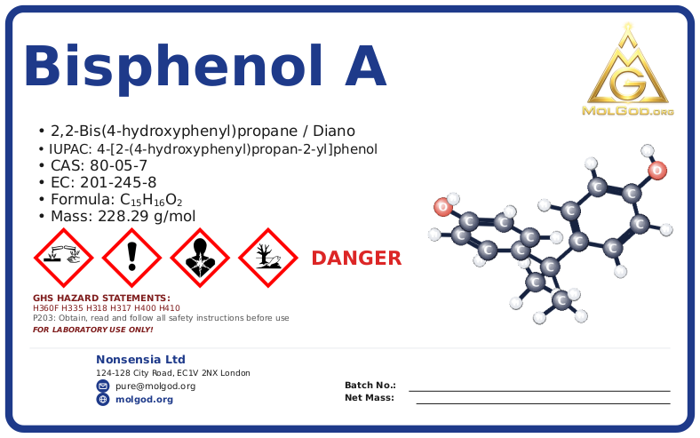 4,4′-isopropylidenediphenol; bisphenol A (CAS 80-05-7) — Safety Data Sheet, CAS 80-05-7 — chemical product label
