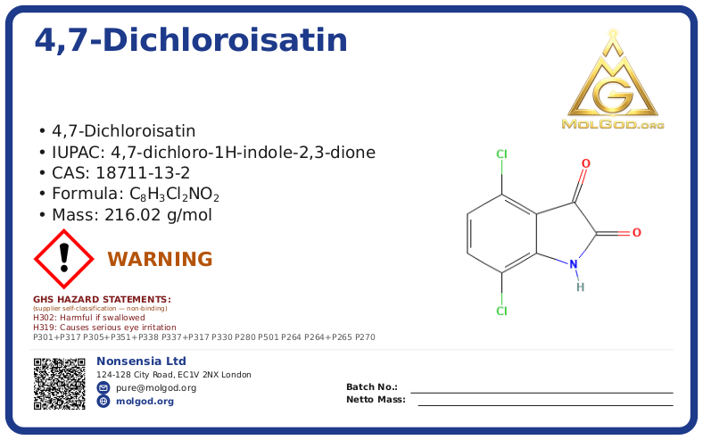 4,7-Dichloroisatin (CAS 18711-13-2), CAS 18711-13-2 — chemical product label