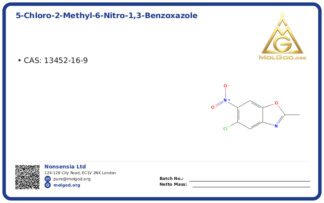 5-Chloro-2-methyl-6-nitro-1,3-benzoxazole (CAS 13452-16-9), CAS 13452-16-9 — chemical product label