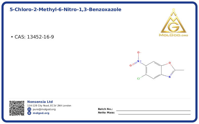 5-Chloro-2-methyl-6-nitro-1,3-benzoxazole (CAS 13452-16-9), CAS 13452-16-9 — chemical product label