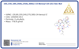 (6S,15S,18S,20aS,25aS,30aS)-15-Benzyl-18-((S)-sec-butyl)-6-isobutylicosahydro-1H,25H-tripyrrolo[1,2-a:1′,2′-d:1”,2”-g][1,4,7,10,13,16,19,22]octaazacyclotetracosin-5,8,11,14,17,20,25,30(30aH)-octaone (CAS 145459-19-4), CAS 145459-19-4 — chemical product label