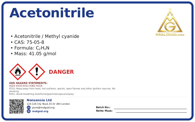 Acetonitrile (CAS 75-05-8), CAS 75-05-8 — chemical product label