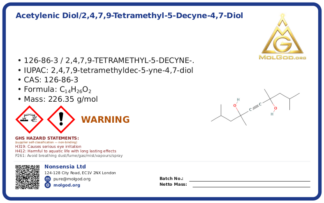 Acetylenic diol/2,4,7,9-Tetramethyl-5-decyne-4,7-diol (CAS 126-86-3), CAS 126-86-3 — chemical product label