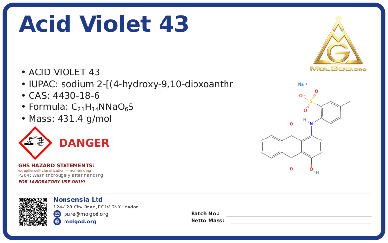 Acid Violet 43 (CAS 4430-18-6), CAS 4430-18-6 — chemical product label