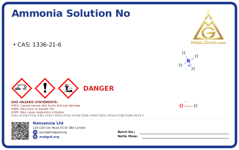 Ammonia Solution CAS NO 1336-21 (CAS 1336-21-6) — Xilong Scientific, CAS 1336-21-6 — chemical product label