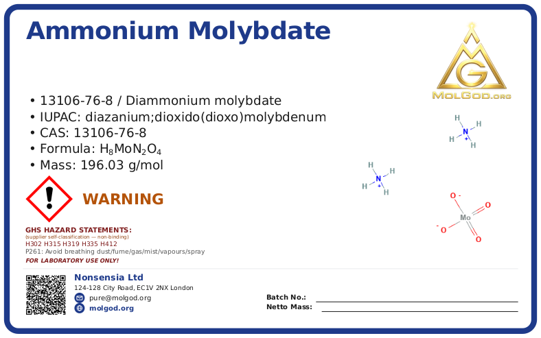 Ammonium molybdate (CAS 13106-76-8), CAS 13106-76-8 — chemical product label