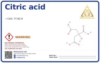 Anhydrous Citric Acid CAS No 77-92 (CAS 77-92-9) — Xilong Scientific, CAS 77-92-9 — chemical product label