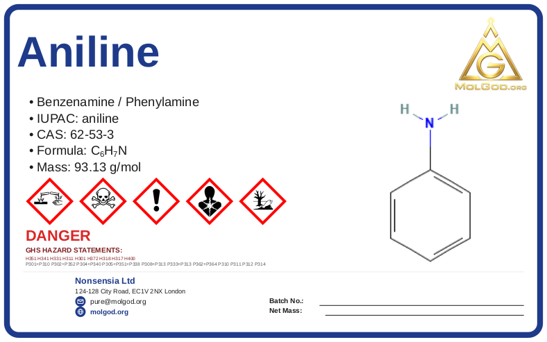 Aniline (CAS 62-53-3) — Safety Data Sheet, CAS 62-53-3 — chemical product label