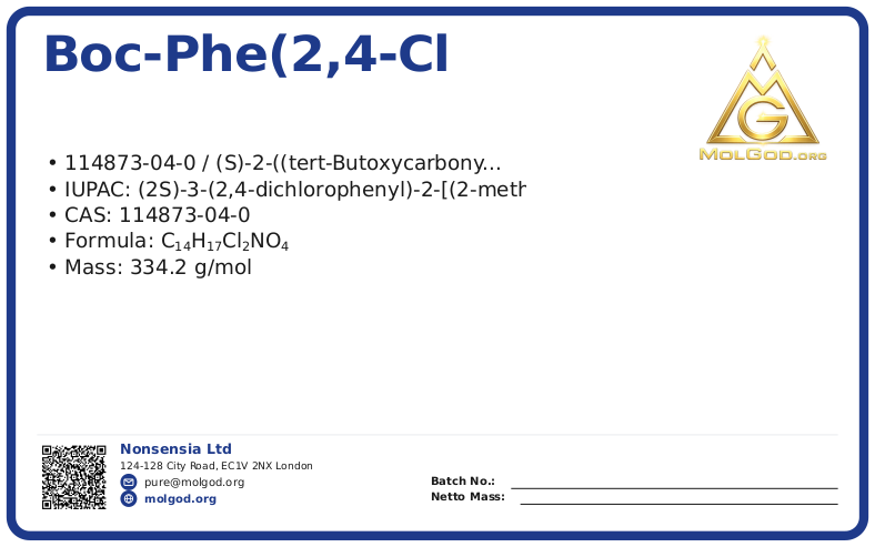Boc-Phe(2,4-Cl (CAS 114873-04-0), CAS 114873-04-0 — chemical product label