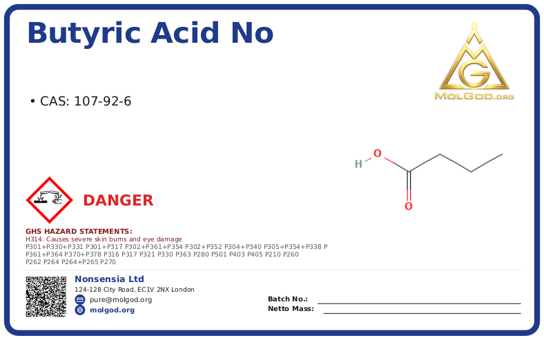 Butyric Acid CAS No 107-92 (CAS 107-92-6) — Xilong Scientific, CAS 107-92-6 — chemical product label