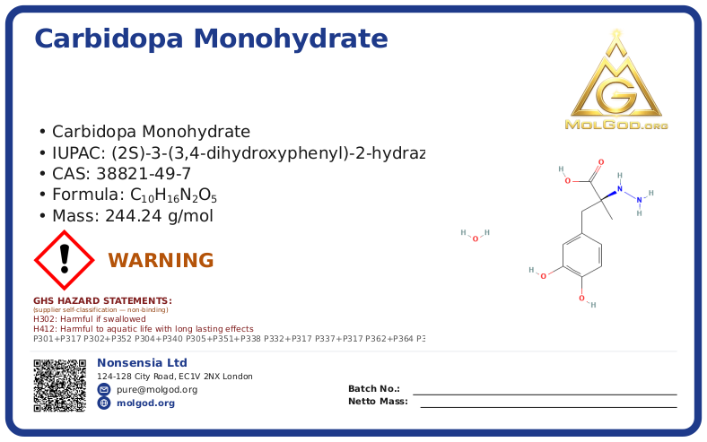 Carbidopa Monohydrate (CAS 38821-49-7) — Beijing Tong Guang, CAS 38821-49-7 — chemical product label