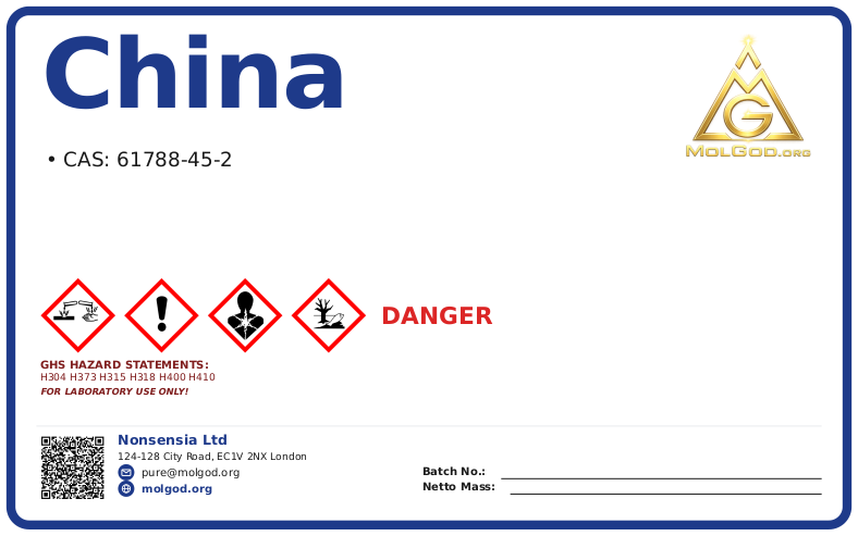 China (CAS 61788-45-2), CAS 61788-45-2 — chemical product label
